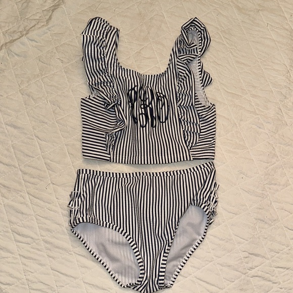 RUFFLE BUTTS Seersucker Waterfall Tankini Swim Suit Girls Size 8 - Picture 1 of 8
